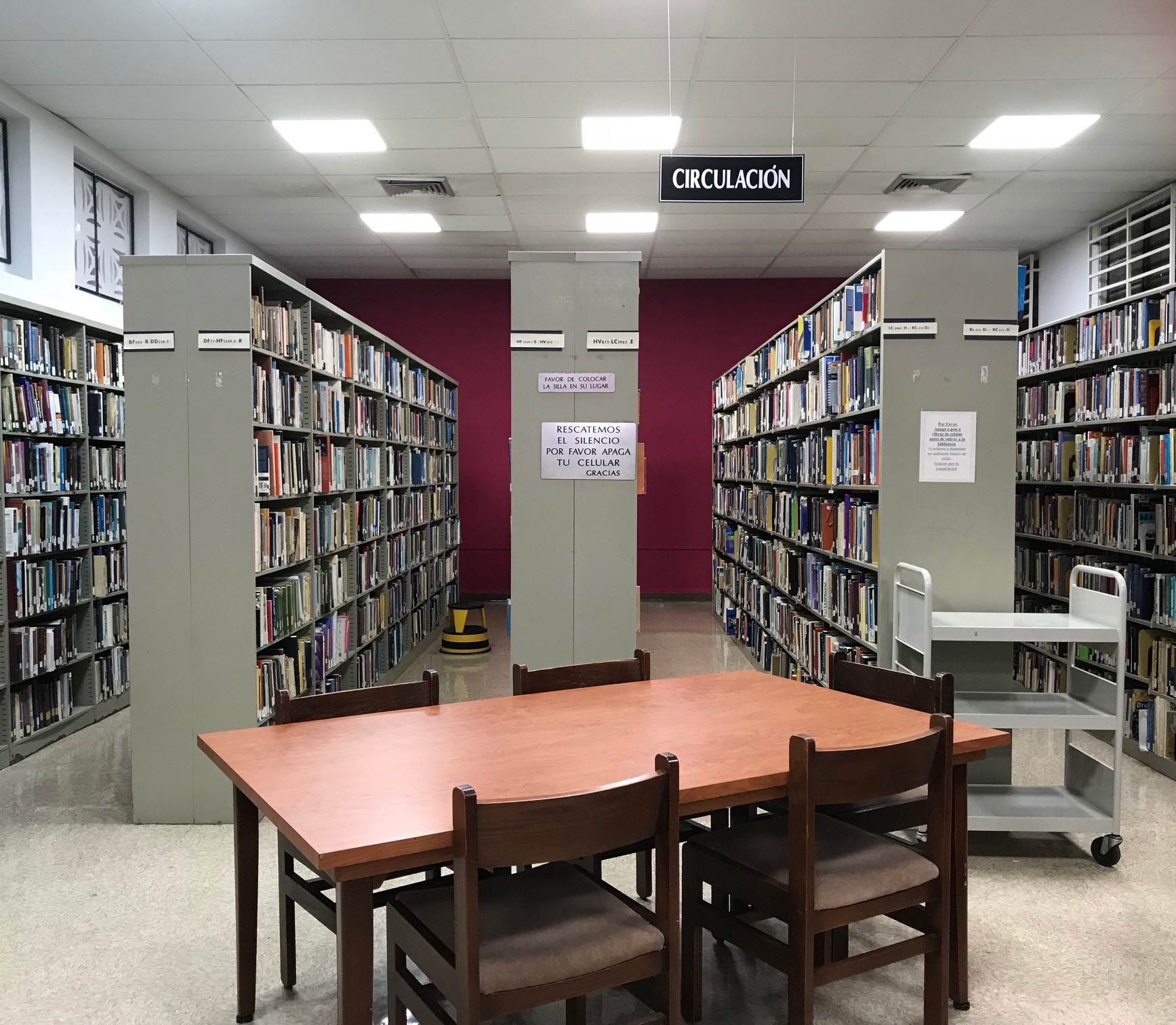 Albizu University library bookshelves