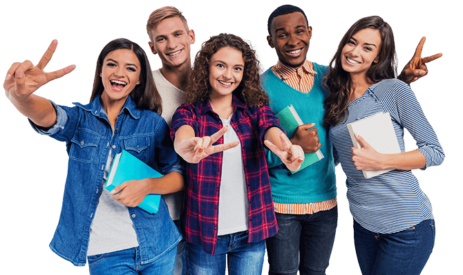 Five university students in a group carrying books